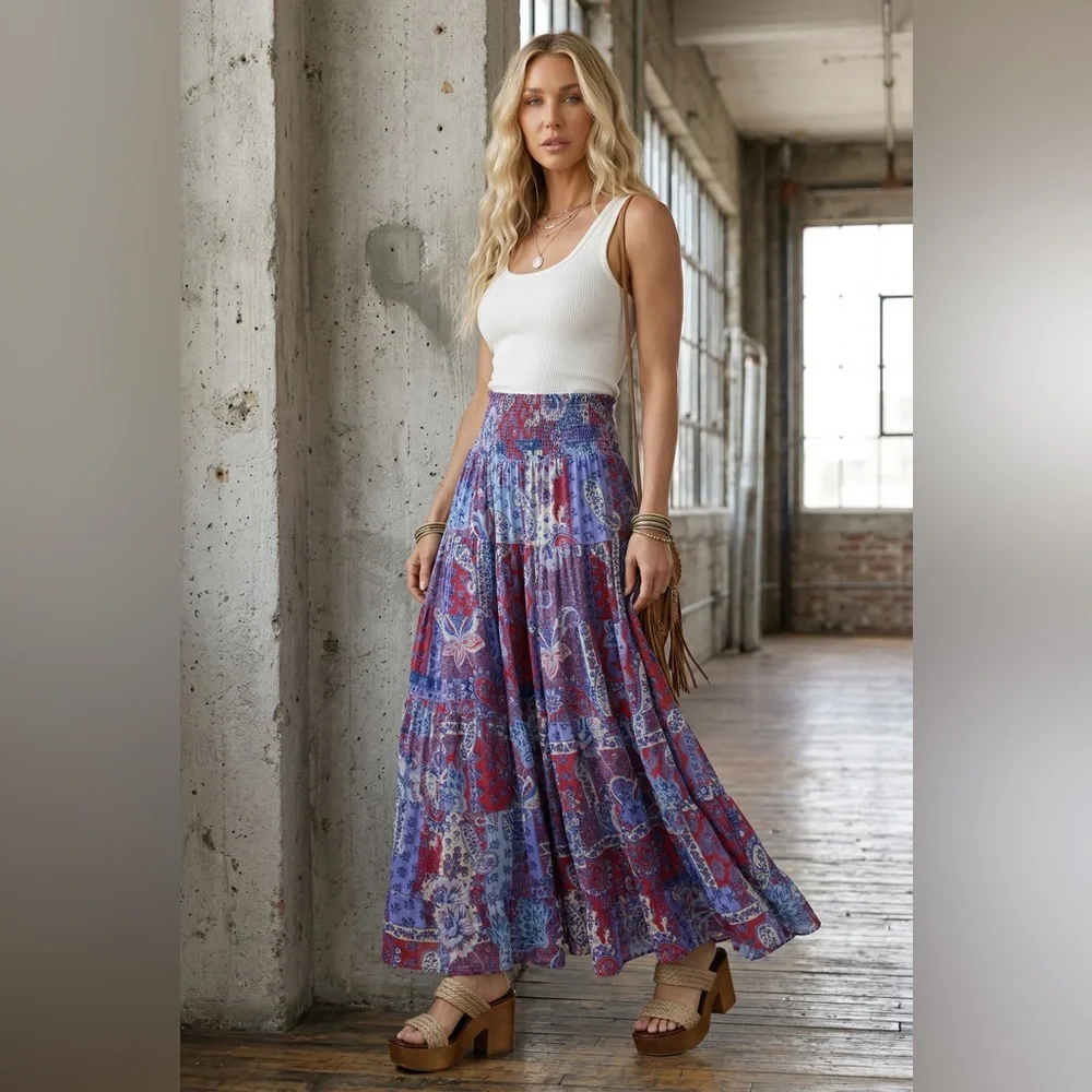 NWT Angie Clothing Boho Festival Americana Paisley Floral Smocked Maxi Skirt - Picture 2 of 8